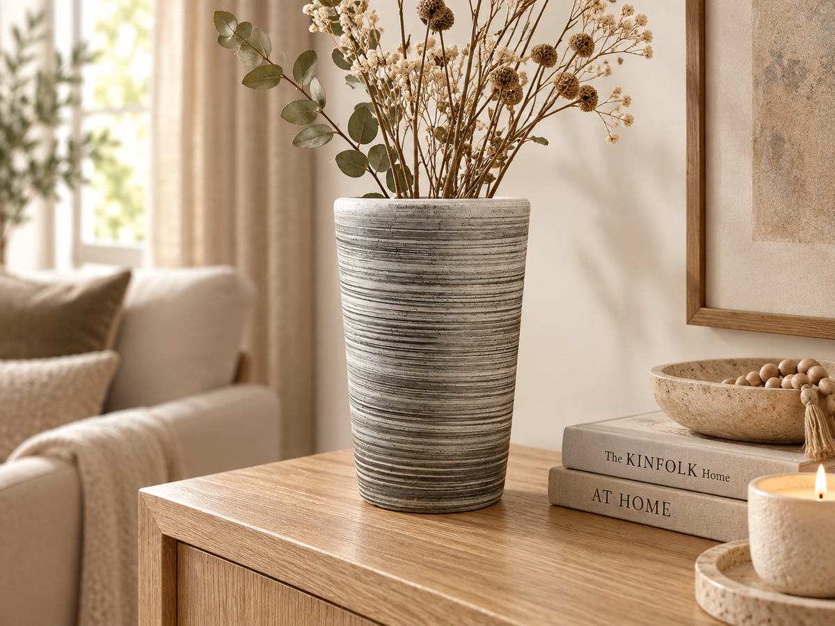 Handcrafted Textured Ceramic Vase in Weathered White & Charcoal Gray