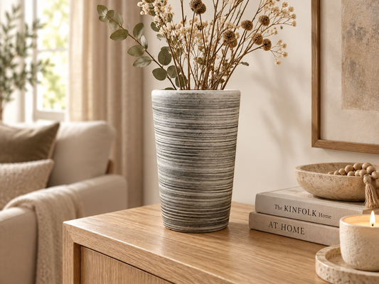 Handcrafted Textured Ceramic Vase in Weathered White & Charcoal Gray