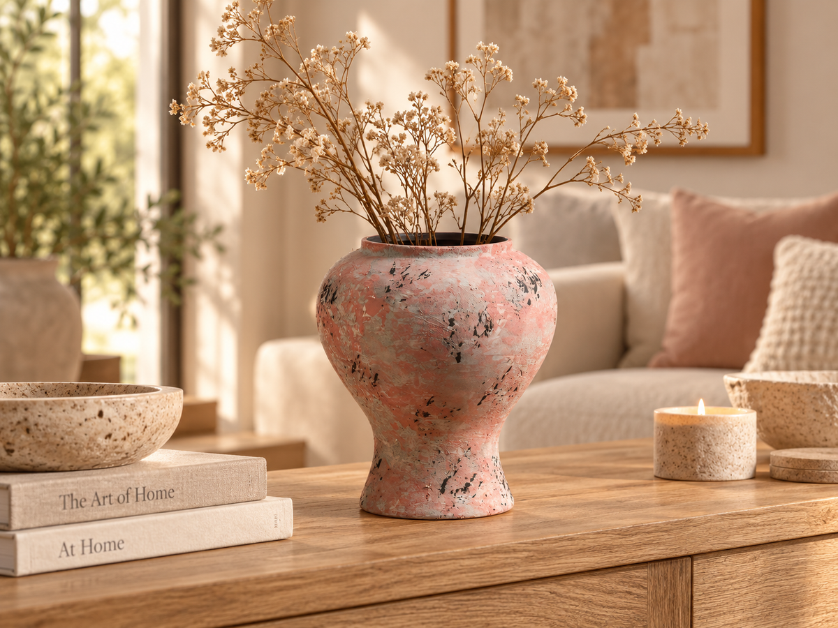 Handcrafted Blush Pink Sculptural Ceramic Vase with Distressed Artistic Texture