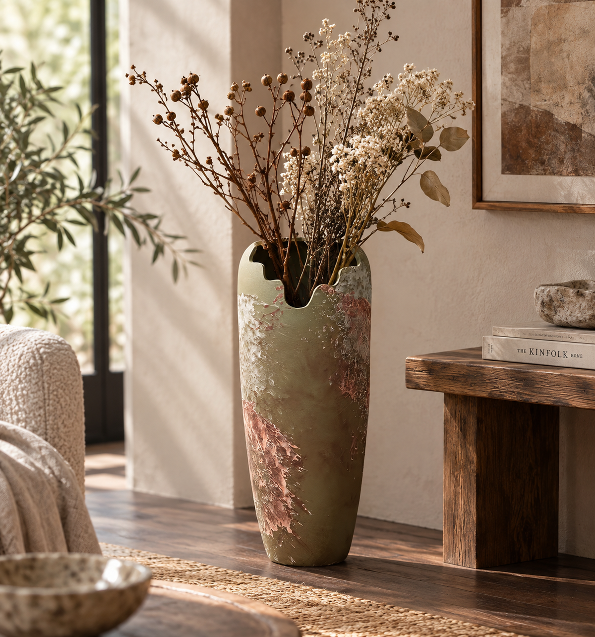 Sculptural Olive Green Ceramic Vase with Blush Abstract Texture