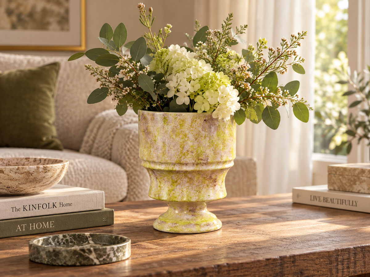 Handcrafted Pedestal Ceramic Vase in Lime Green & Soft Lavender