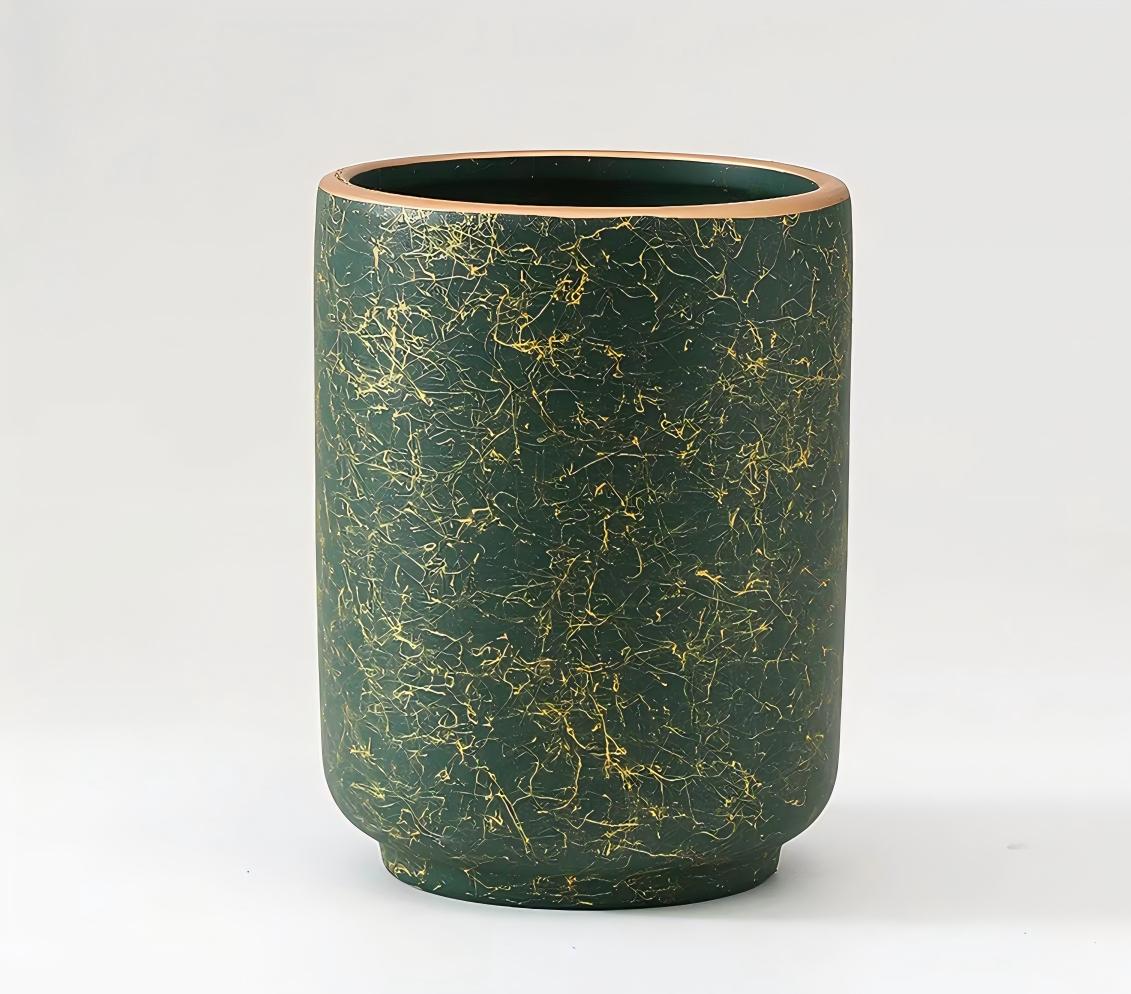Handcrafted Deep Green Ceramic Vessel with Gold Thread Texture