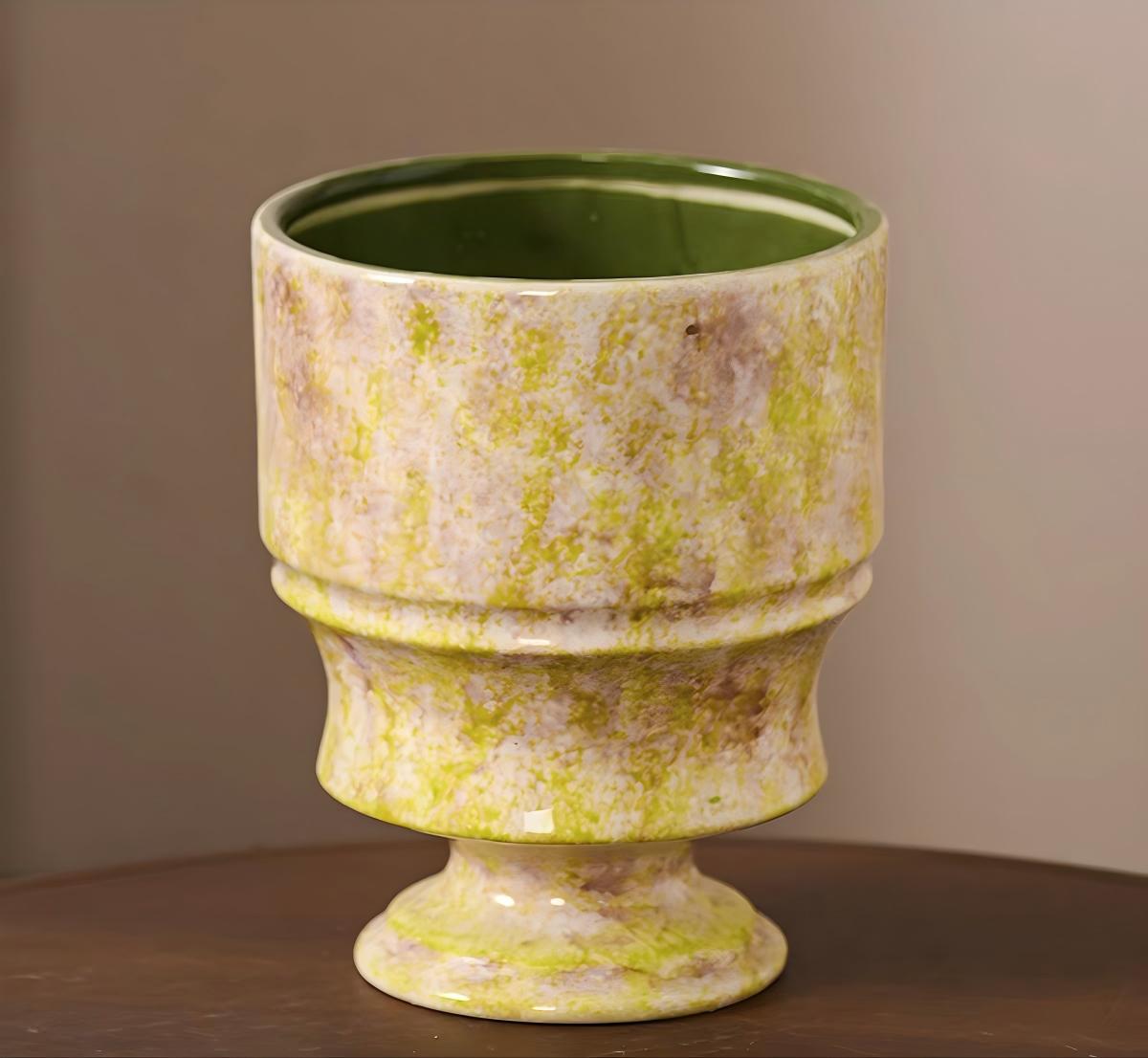 Handcrafted Pedestal Ceramic Vase in Lime Green & Soft Lavender