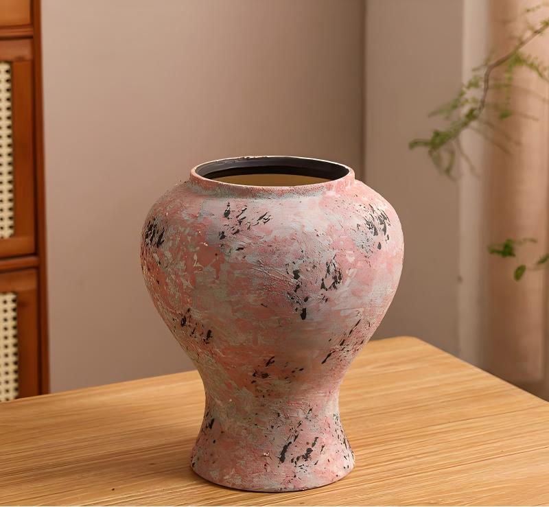Handcrafted Blush Pink Sculptural Ceramic Vase with Distressed Artistic Texture