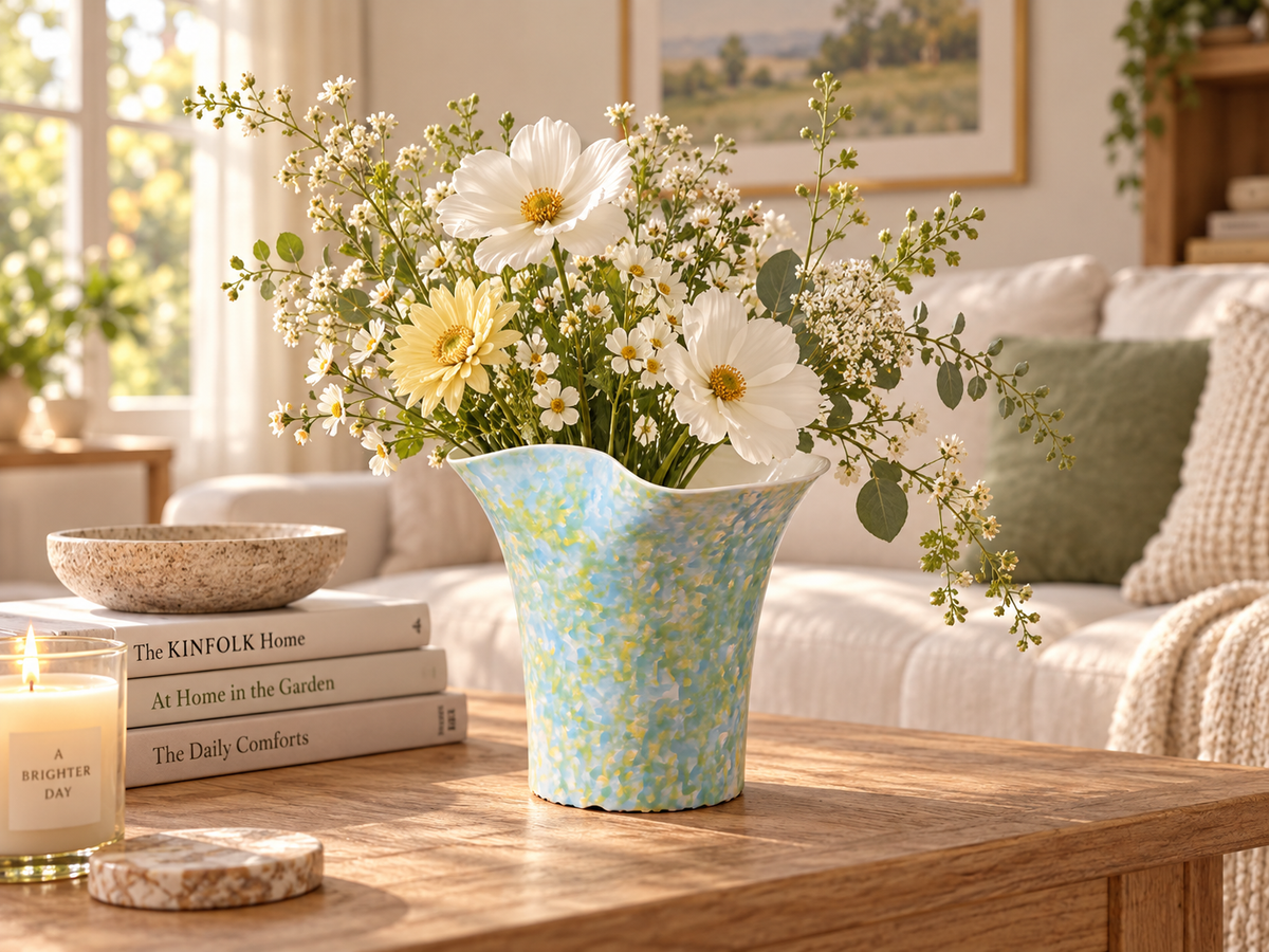 Handcrafted Pastel Blue Ceramic Vase with Organic Wavy Rim