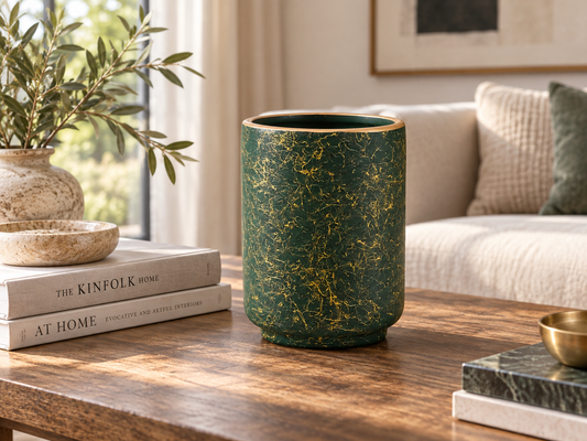 Handcrafted Deep Green Ceramic Vessel with Gold Thread Texture