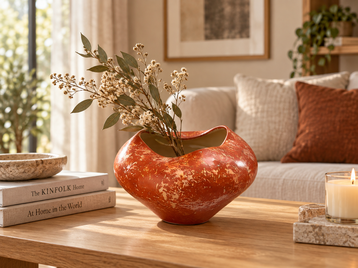 Handcrafted Sculptural Ceramic Vase in Burnt Orange with Organic Gold Texture