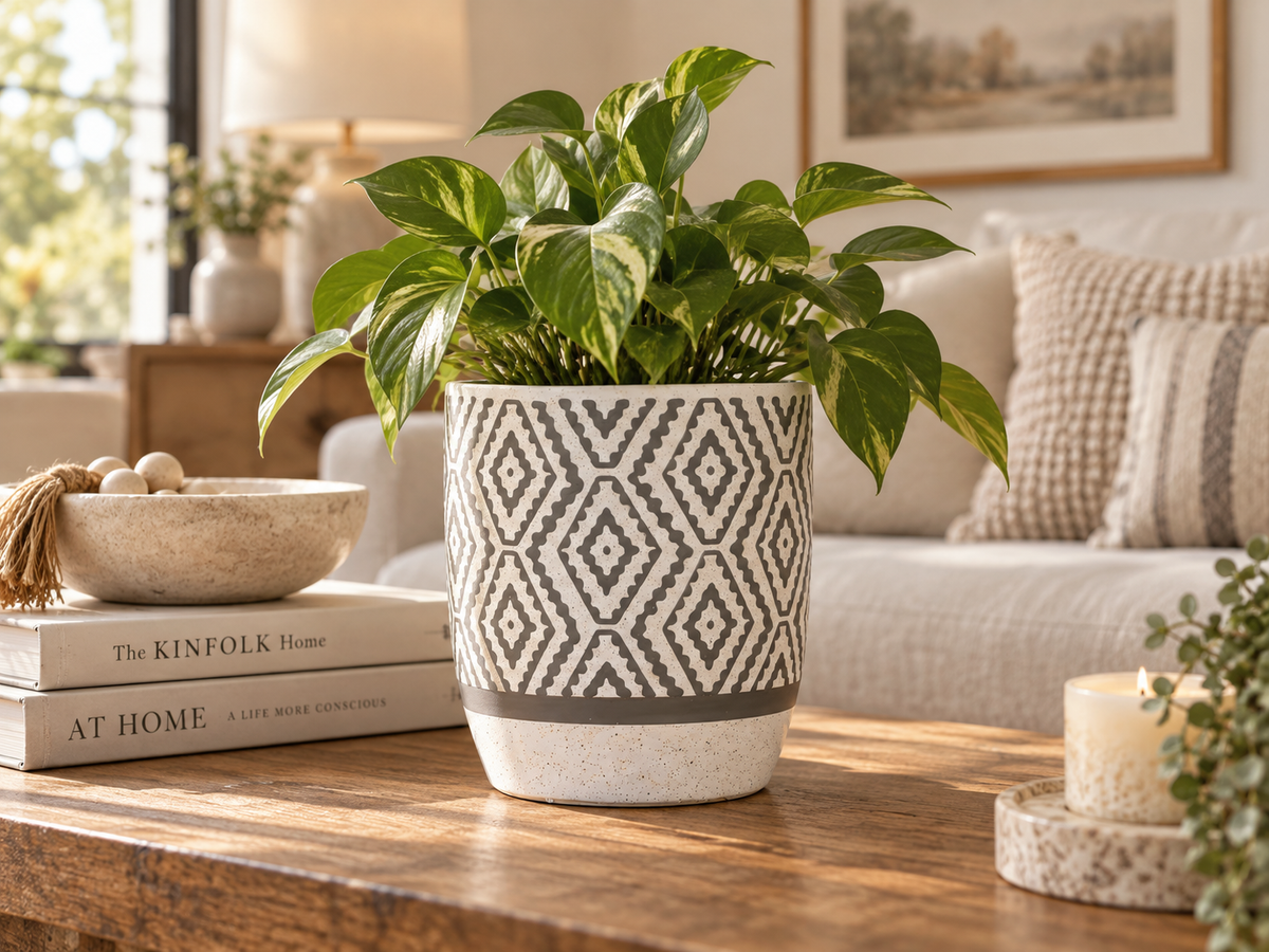 Handcrafted Geometric Ceramic Planter in Black & White with Tribal-Inspired Pattern