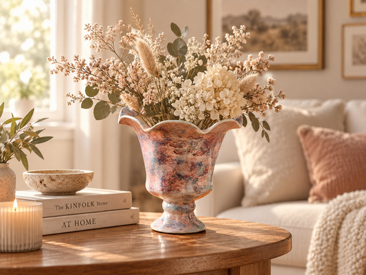 Handcrafted Ruffled-Rim Ceramic Vase with Painterly Blush & Blue Finish