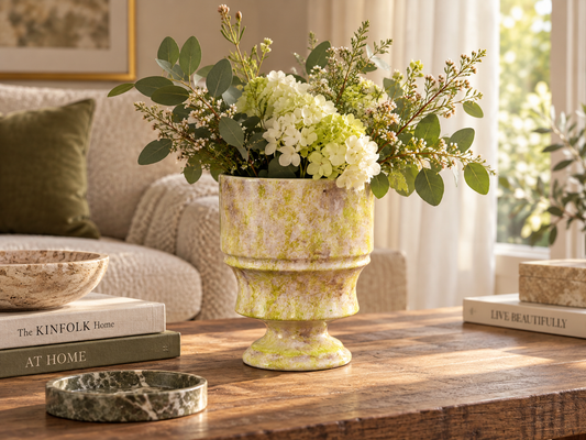 Handcrafted Pedestal Ceramic Vase in Lime Green & Soft Lavender