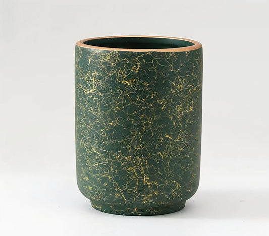 Handcrafted Deep Green Ceramic Vessel with Gold Thread Texture