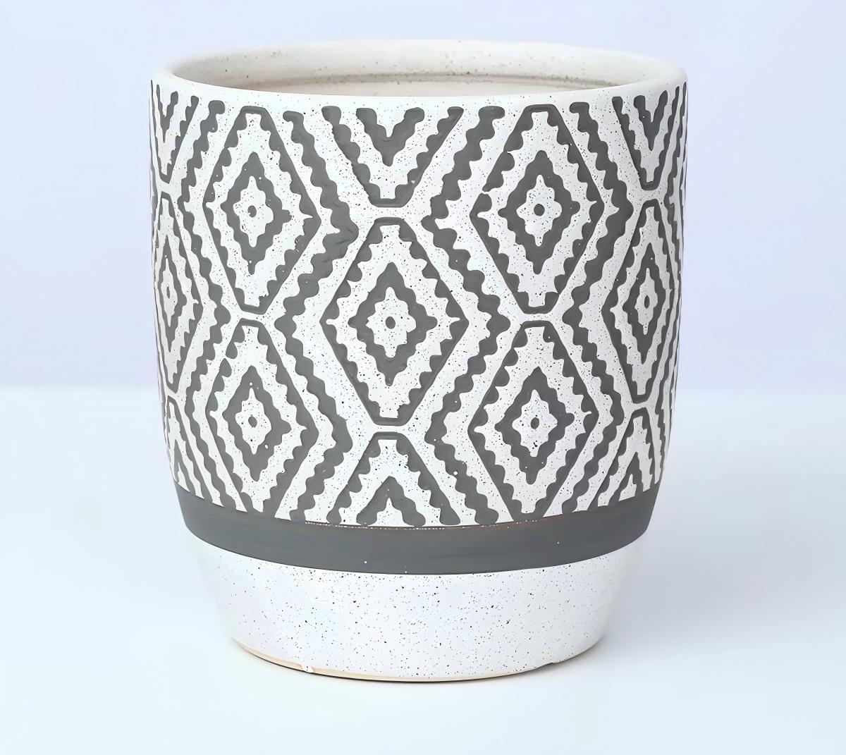 Handcrafted Geometric Ceramic Planter in Black & White with Tribal-Inspired Pattern