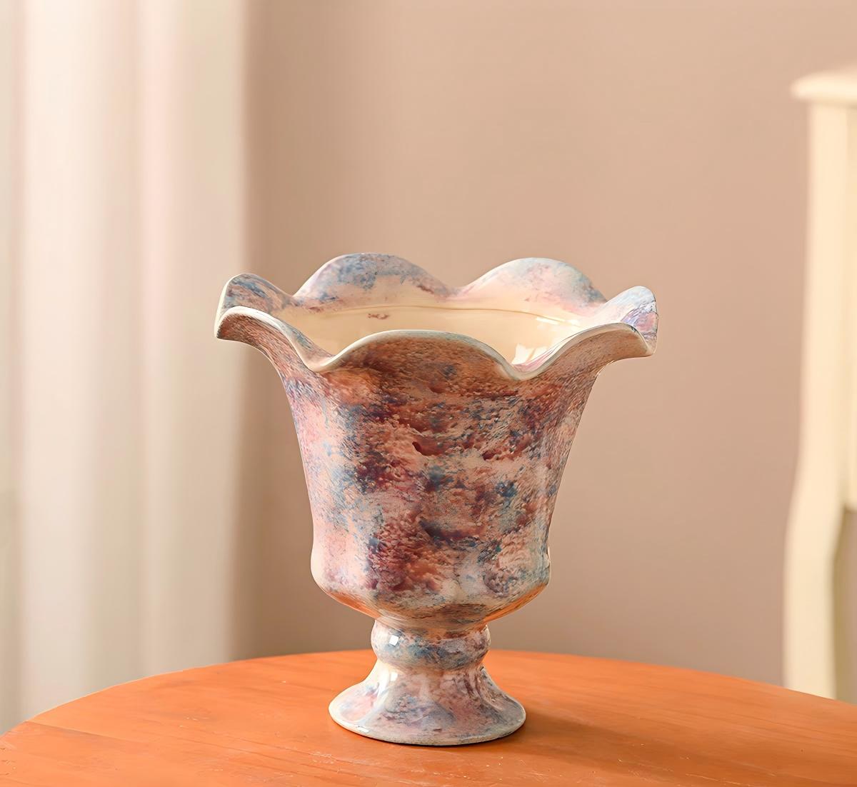 Handcrafted Ruffled-Rim Ceramic Vase with Painterly Blush & Blue Finish
