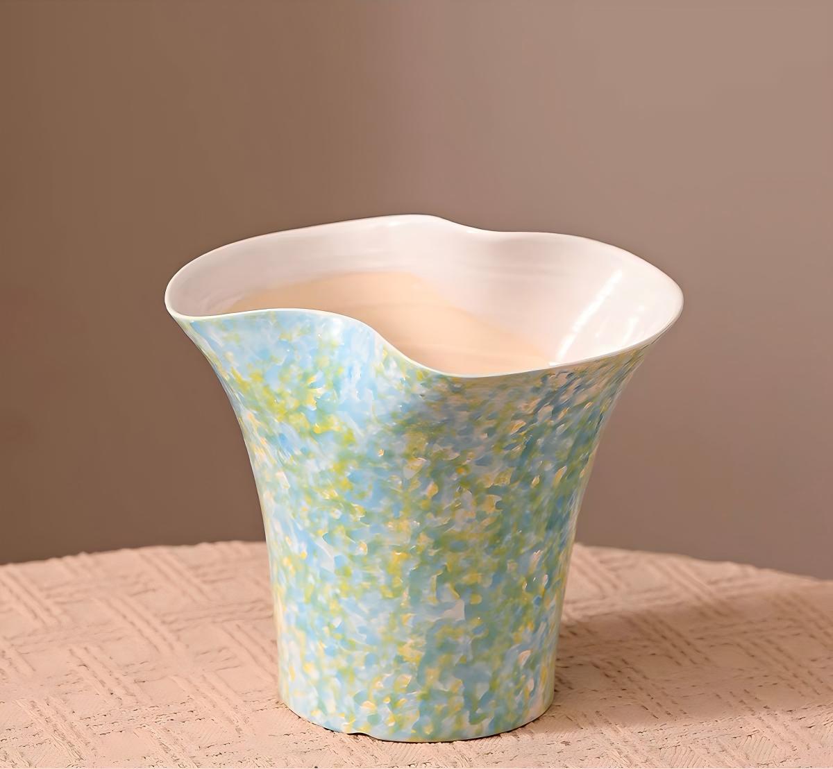 Handcrafted Pastel Blue Ceramic Vase with Organic Wavy Rim