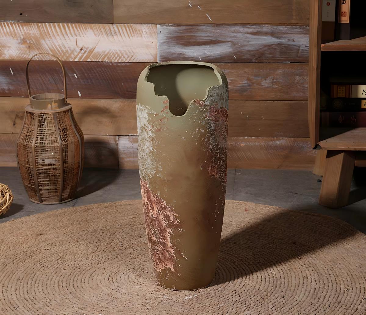 Sculptural Olive Green Ceramic Vase with Blush Abstract Texture