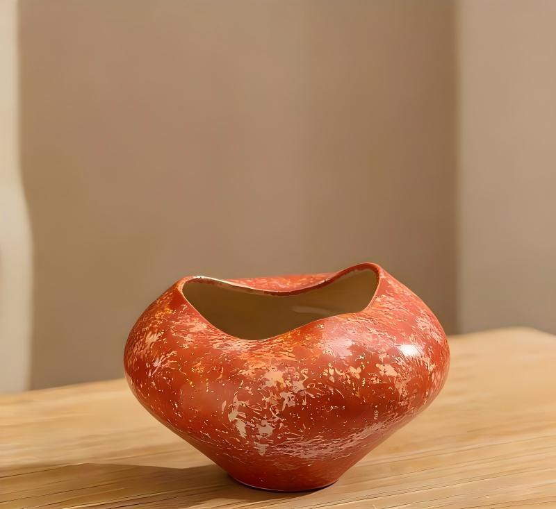 Handcrafted Sculptural Ceramic Vase in Burnt Orange with Organic Gold Texture