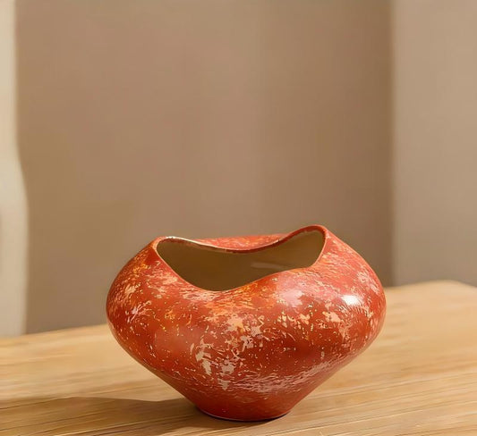 Handcrafted Sculptural Ceramic Vase in Burnt Orange with Organic Gold Texture